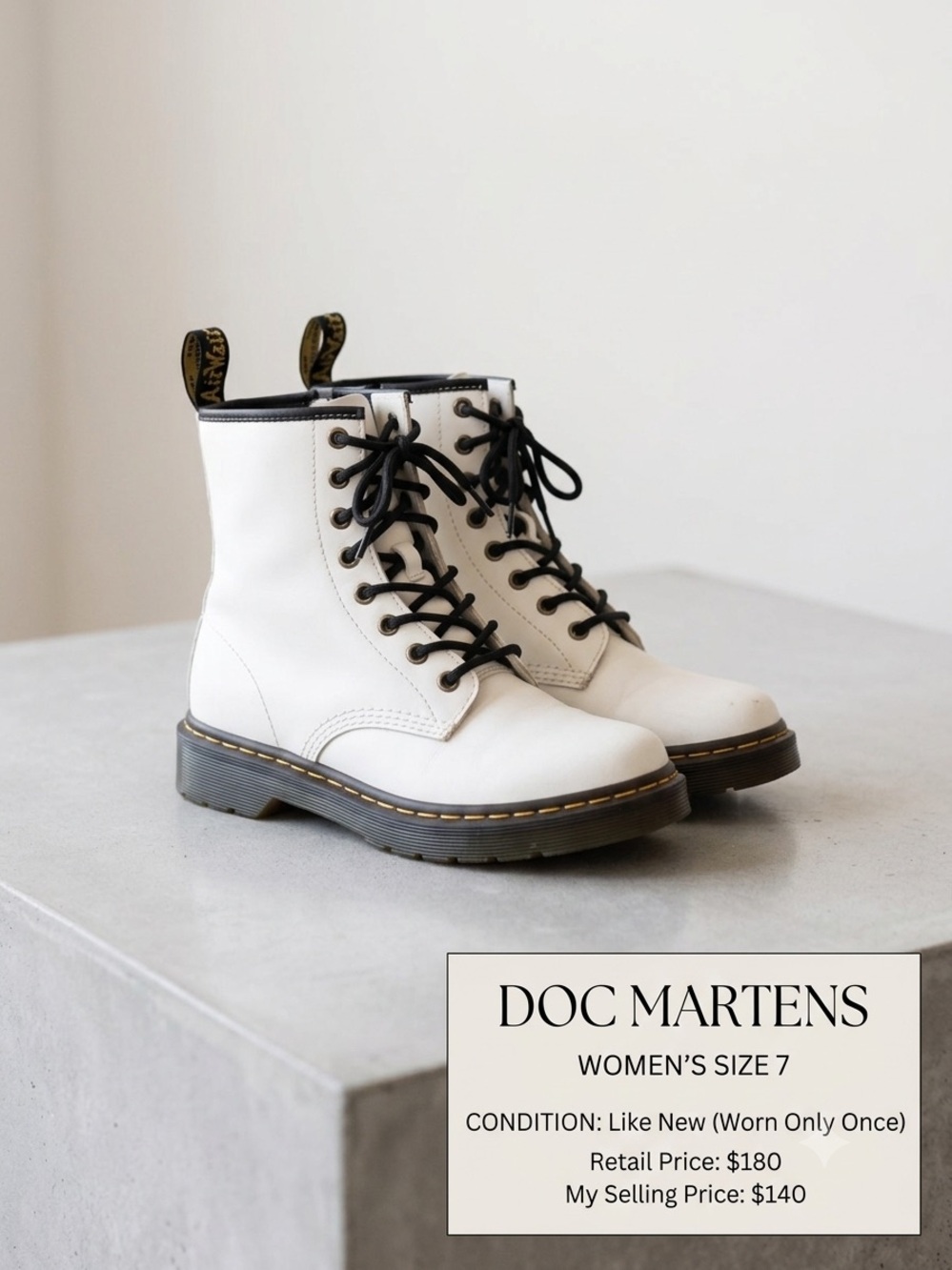 Dr. Martens White Leather Lace-Up Combat Boots with Black Accents - Women's